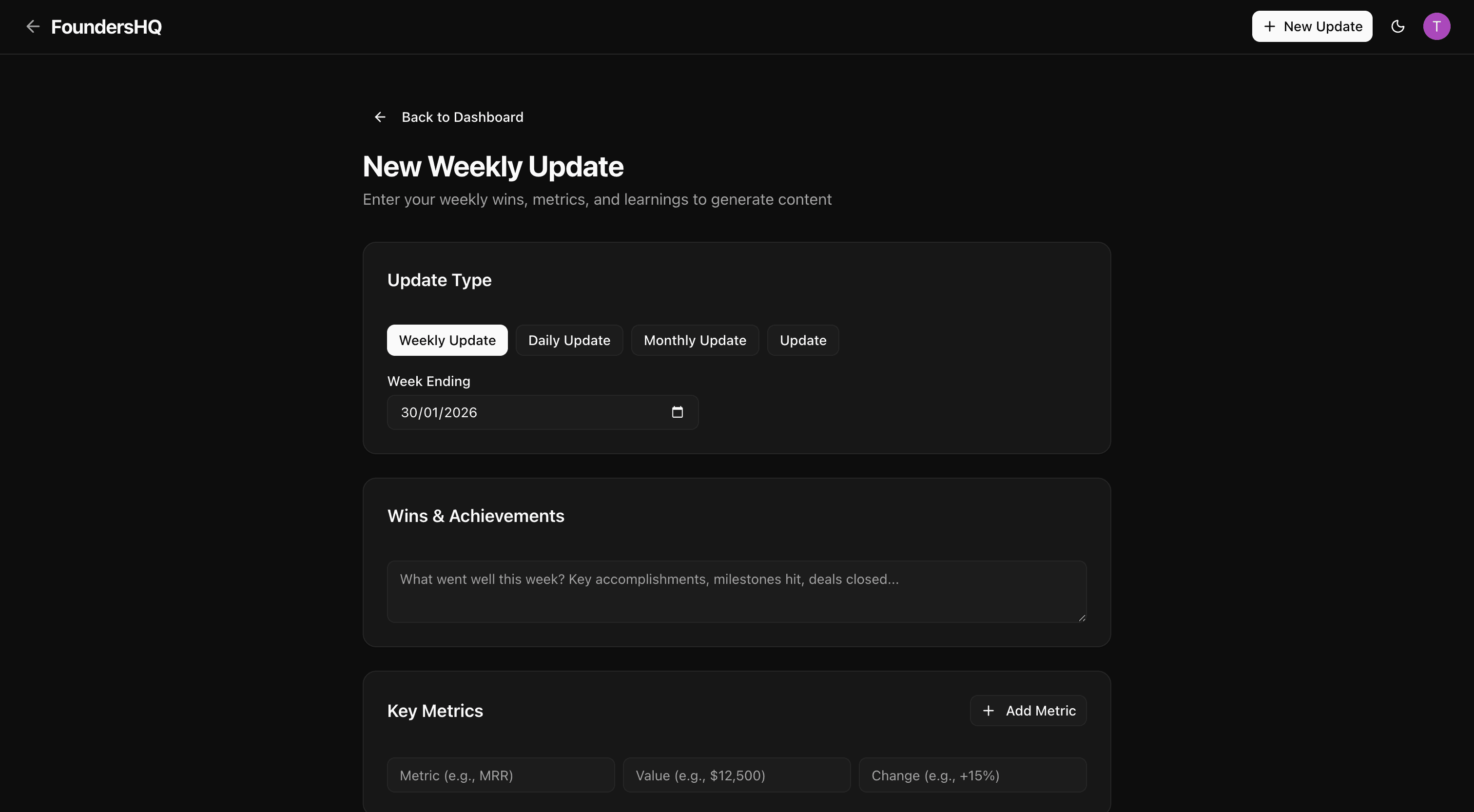 Creating a new update in FoundersHQ