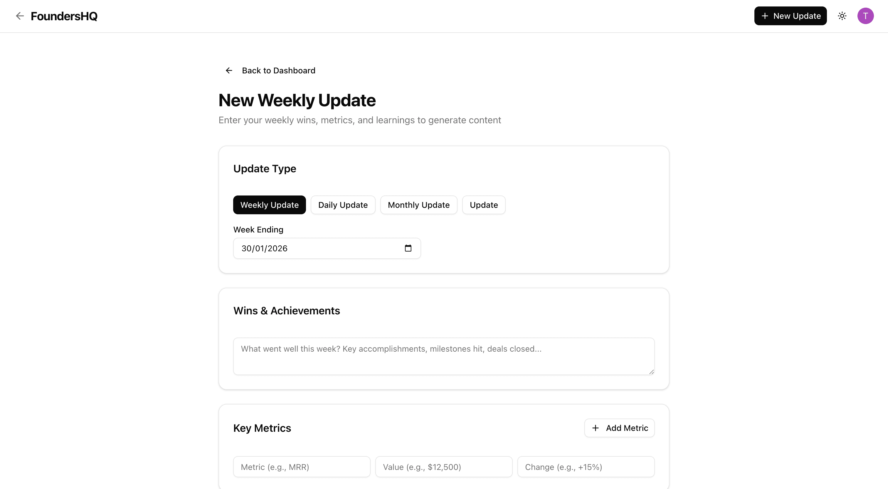 Creating a new update in FoundersHQ
