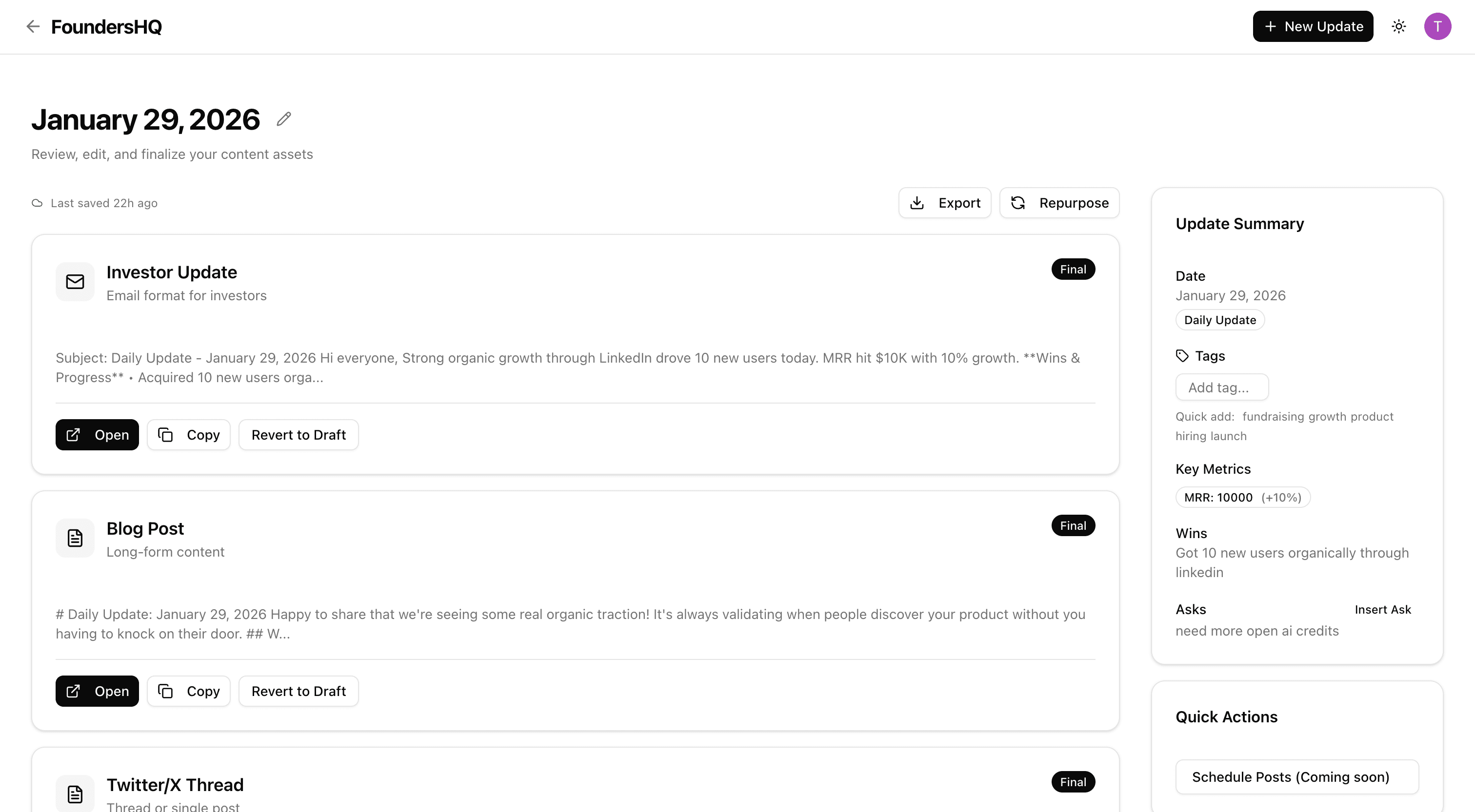 FoundersHQ dashboard showing generated investor update, blog post, and Twitter thread